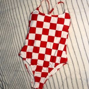 red checkered cross back one piece swimsuit